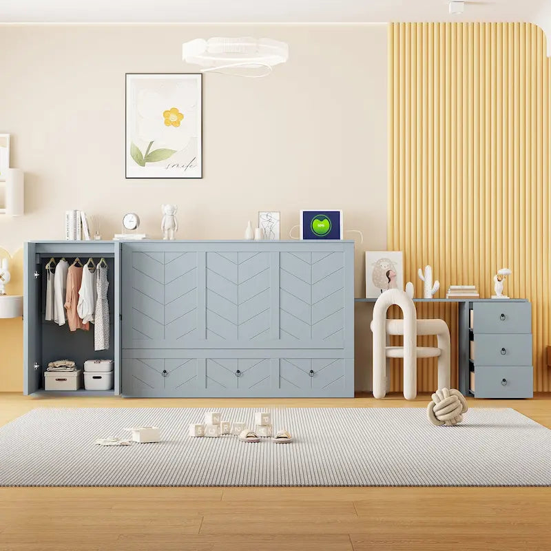 Cama Murphy Queen gris/blanca con armario, escritorio y puerto USB – 1 persona