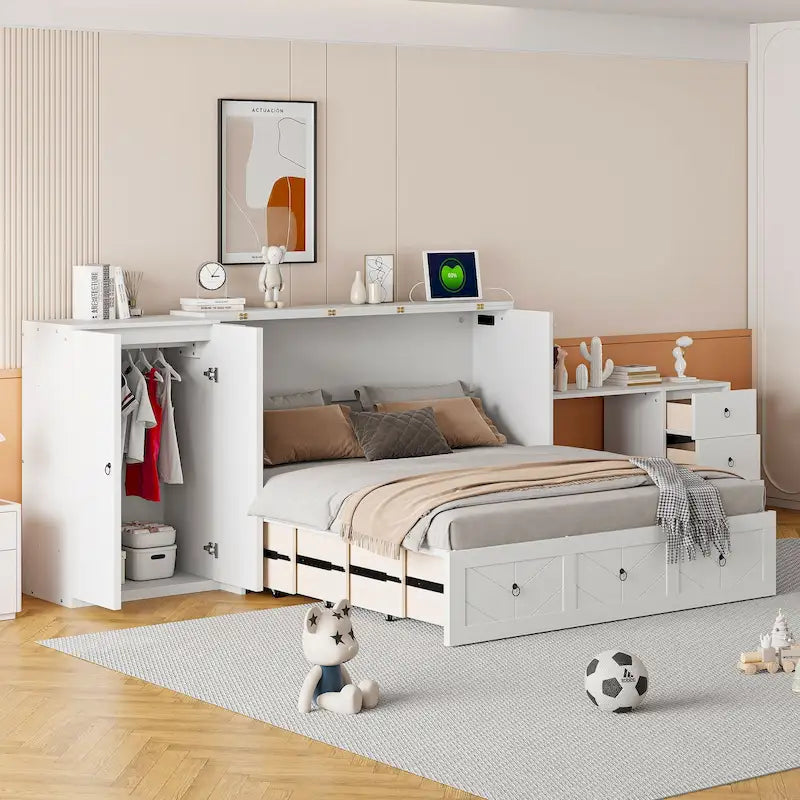 Cama Murphy Queen gris/blanca con armario, escritorio y puerto USB – 1 persona