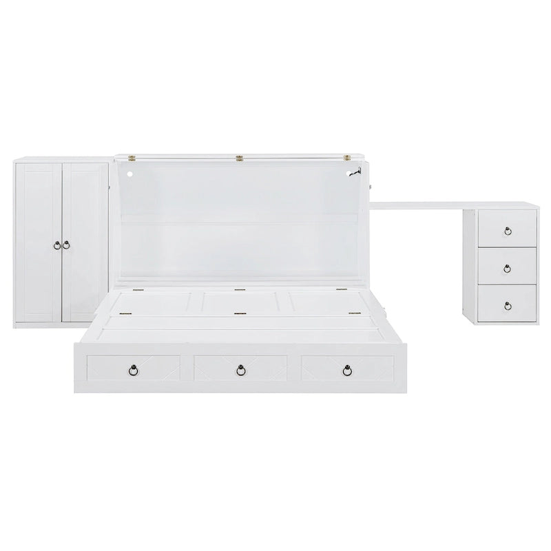Cama Murphy Queen gris/blanca con armario, escritorio y puerto USB – 1 persona