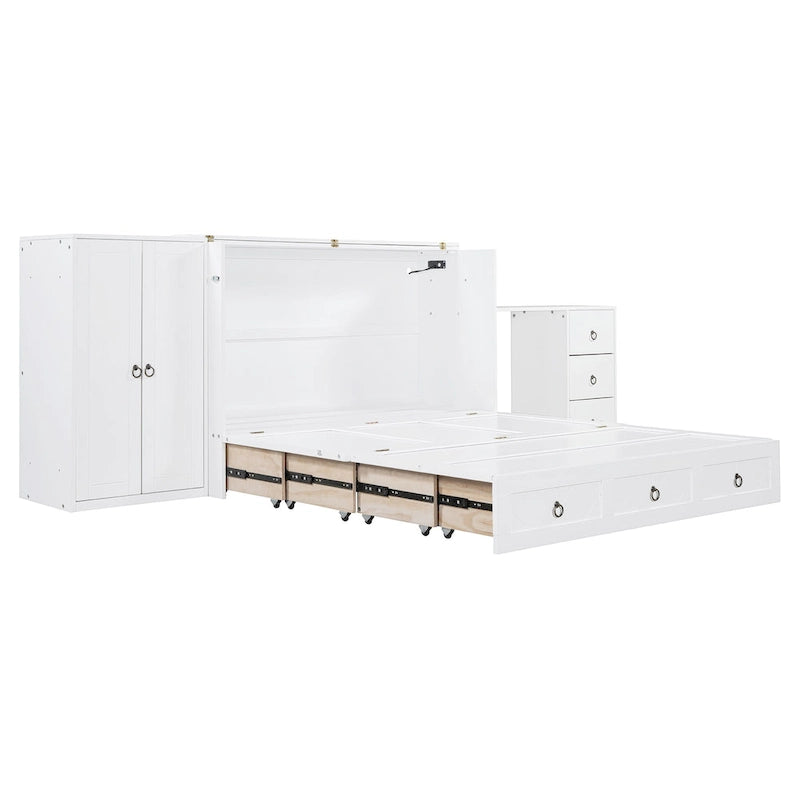 Cama Murphy Queen gris/blanca con armario, escritorio y puerto USB – 1 persona