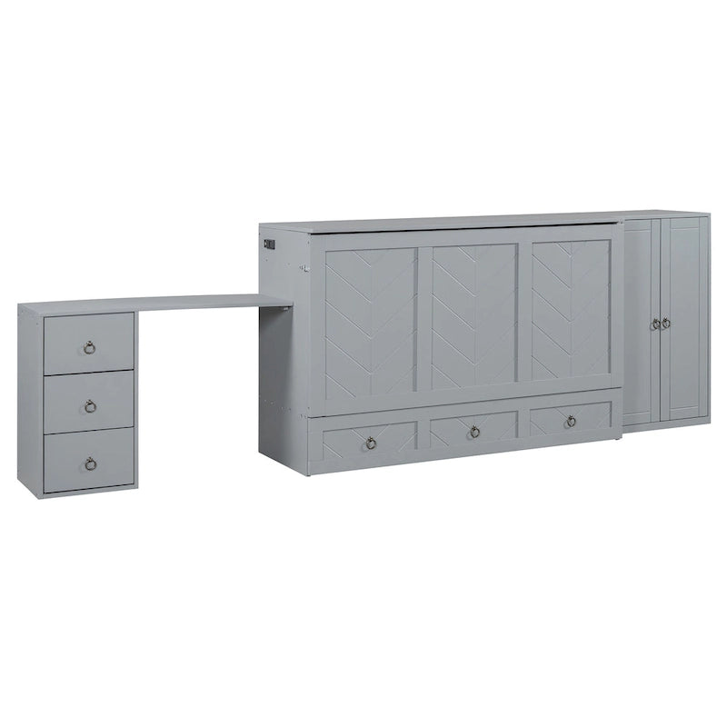 Cama Murphy Queen gris/blanca con armario, escritorio y puerto USB – 1 persona