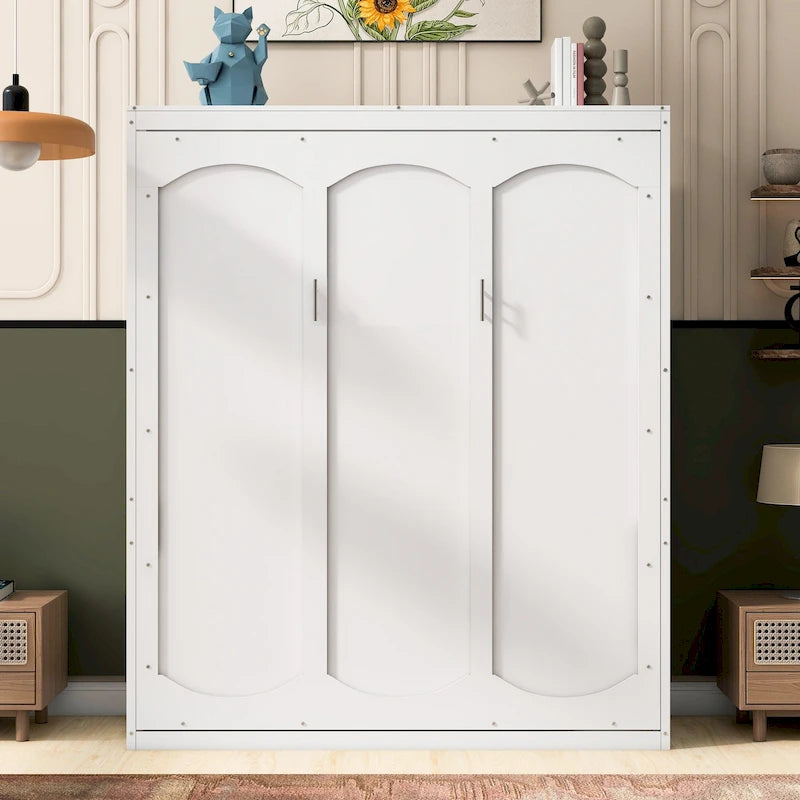 Cama de pared Murphy Queen gris/blanco con estantes – Se pliega, 2 personas