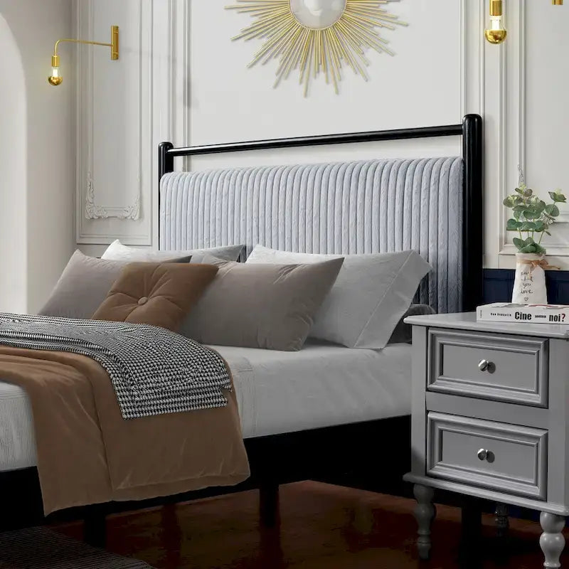 Cama Plataforma Matrimonial/Queen Gris y Negra con Cabecero Tapizado, para 1 o 2 Personas