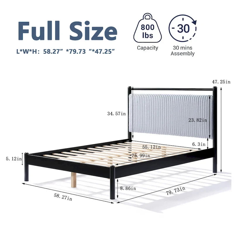Cama Plataforma Matrimonial/Queen Gris y Negra con Cabecero Tapizado, para 1 o 2 Personas