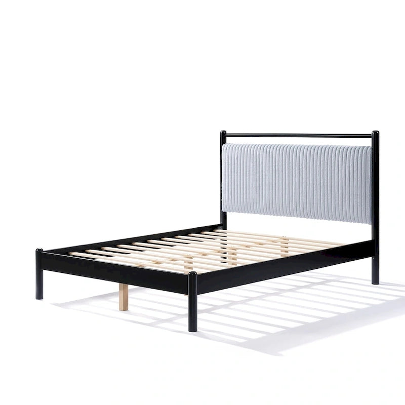 Cama Plataforma Matrimonial/Queen Gris y Negra con Cabecero Tapizado, para 1 o 2 Personas
