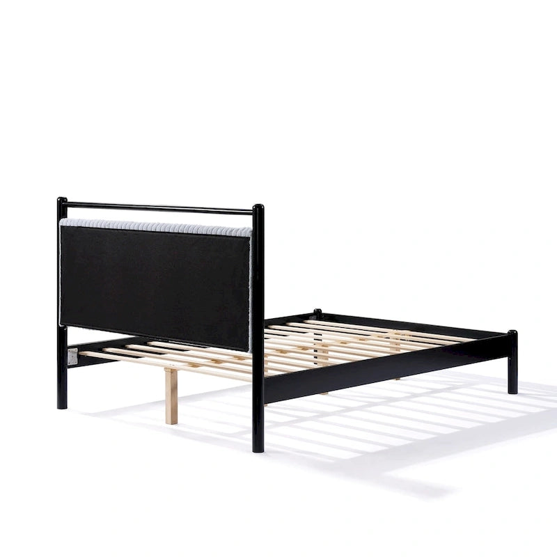 Cama Plataforma Matrimonial/Queen Gris y Negra con Cabecero Tapizado, para 1 o 2 Personas