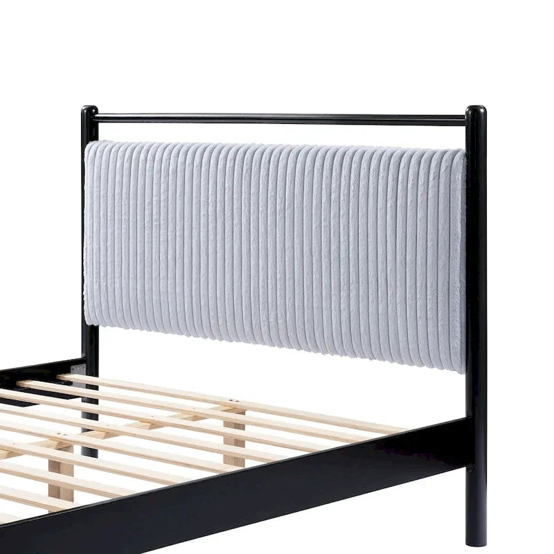 Cama Plataforma Matrimonial/Queen Gris y Negra con Cabecero Tapizado, para 1 o 2 Personas