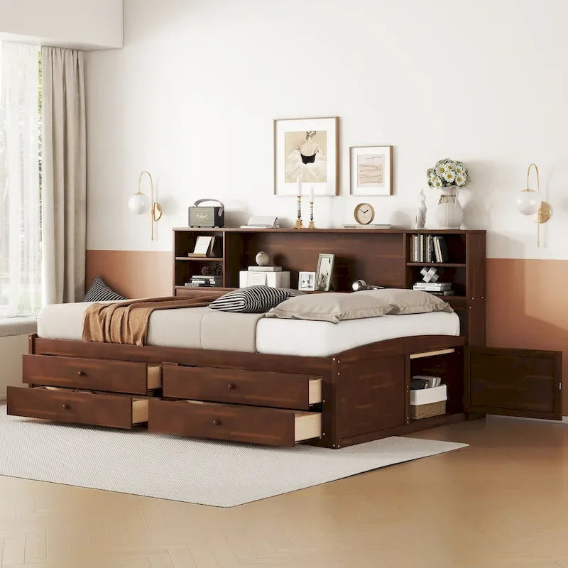 Cama Capitán de Madera Color Marrón Envejecido, Tamaño Completo, con Estantes, 4 Cajones y 2 Armarios, Individual