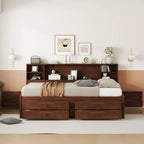 Cama Capitán de Madera Color Marrón Envejecido, Tamaño Completo, con Estantes, 4 Cajones y 2 Armarios, Individual