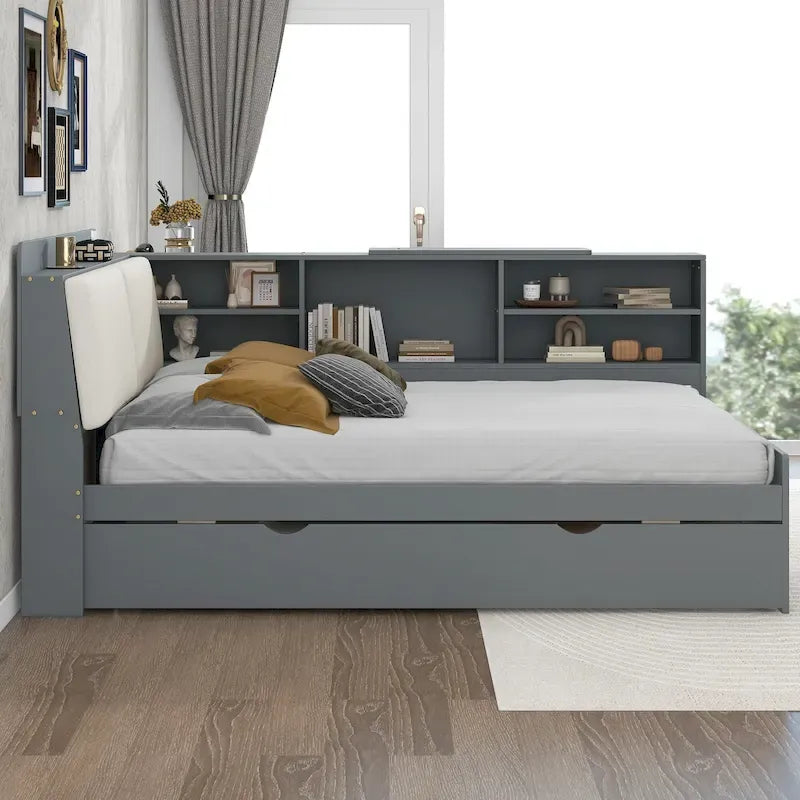 Cama nido de plataforma de madera blanca/gris con cabecero de almacenamiento – Individual/Matrimonial, capacidad para 2 personas