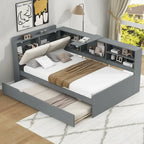 Cama nido de plataforma de madera blanca/gris con cabecero de almacenamiento – Individual/Matrimonial, capacidad para 2 personas
