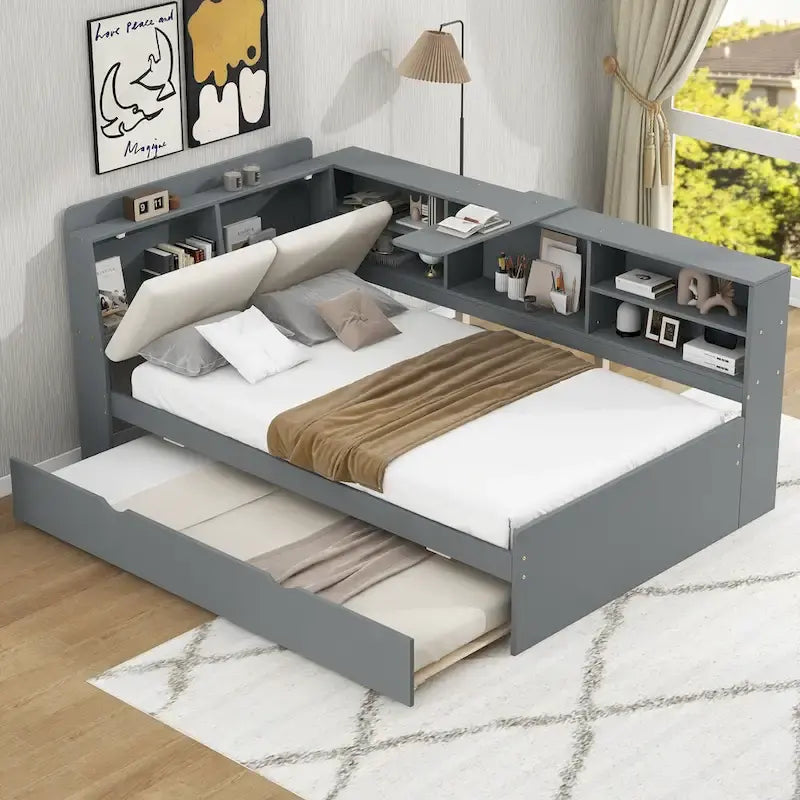 Cama nido de plataforma de madera blanca/gris con cabecero de almacenamiento – Individual/Matrimonial, capacidad para 2 personas