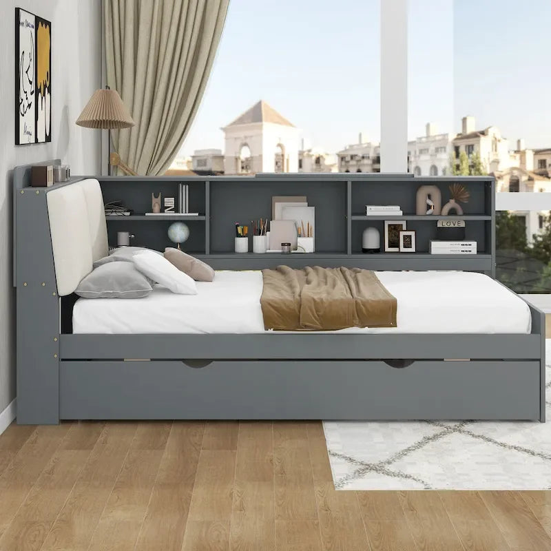 Cama nido de plataforma de madera blanca/gris con cabecero de almacenamiento – Individual/Matrimonial, capacidad para 2 personas