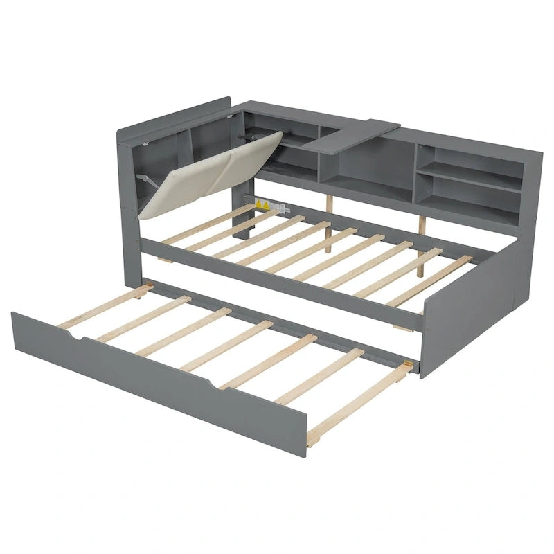 Cama nido de plataforma de madera blanca/gris con cabecero de almacenamiento – Individual/Matrimonial, capacidad para 2 personas