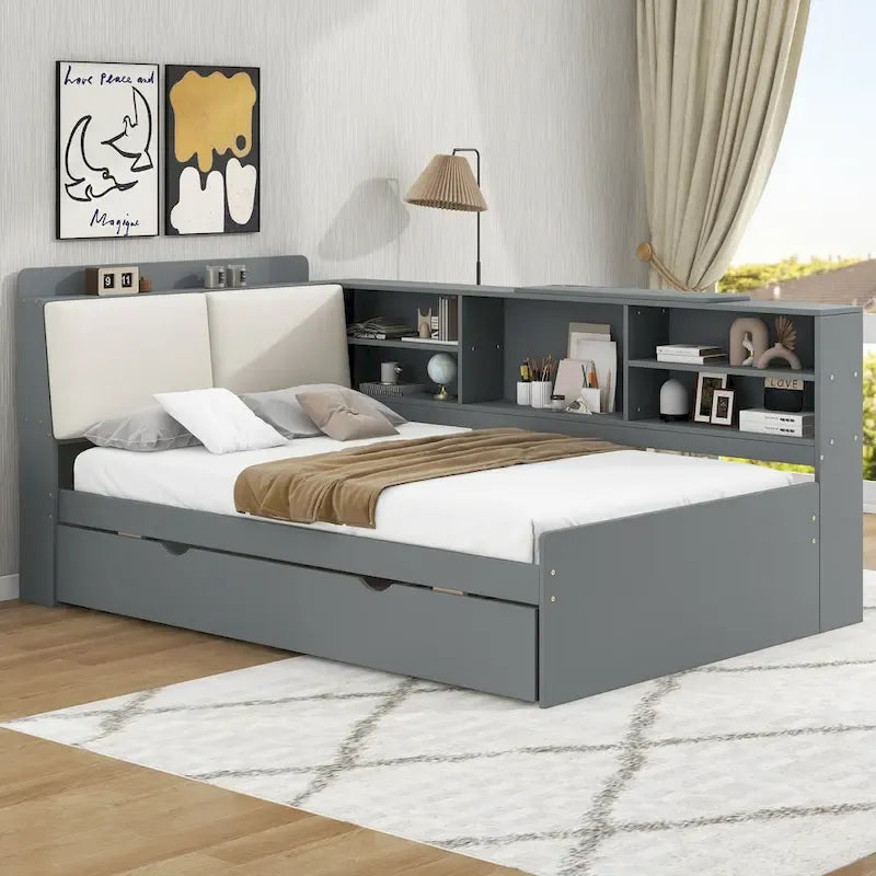 Cama nido de plataforma de madera blanca/gris con cabecero de almacenamiento – Individual/Matrimonial, capacidad para 2 personas