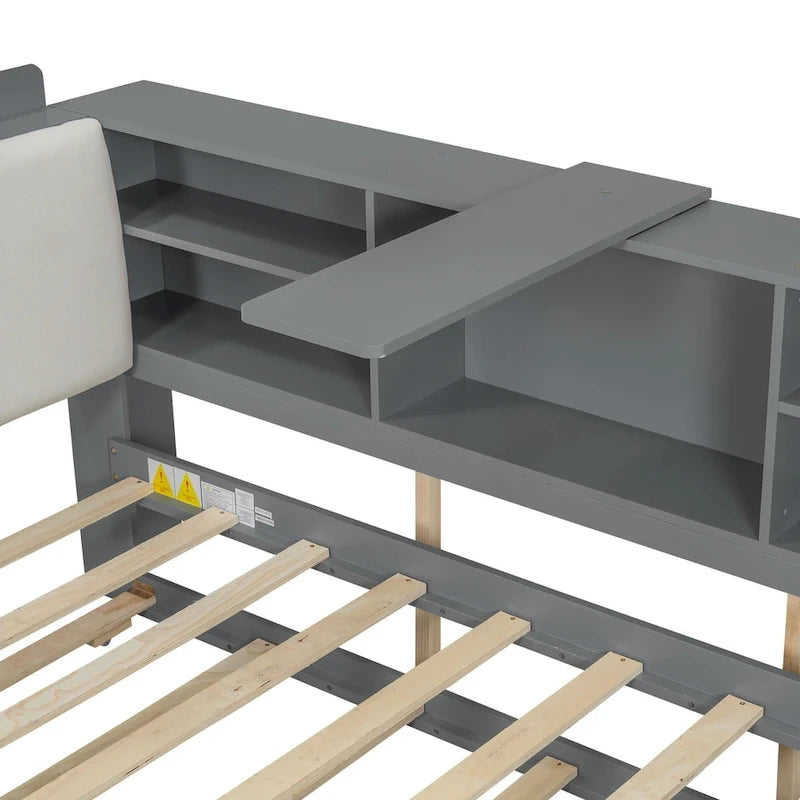 Cama nido de plataforma de madera blanca/gris con cabecero de almacenamiento – Individual/Matrimonial, capacidad para 2 personas