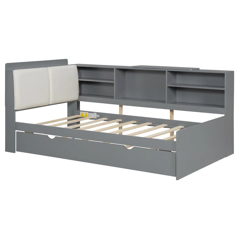 Cama nido de plataforma de madera blanca/gris con cabecero de almacenamiento – Individual/Matrimonial, capacidad para 2 personas
