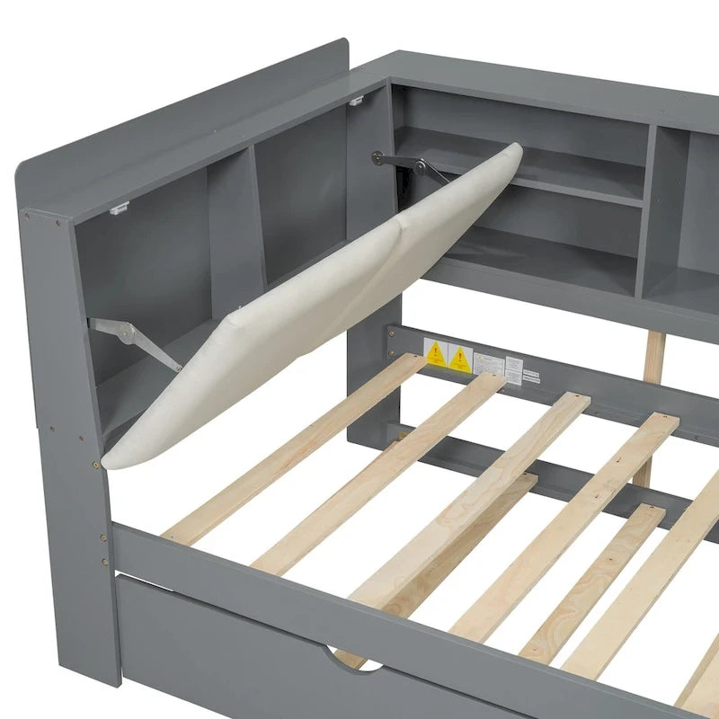 Cama nido de plataforma de madera blanca/gris con cabecero de almacenamiento – Individual/Matrimonial, capacidad para 2 personas