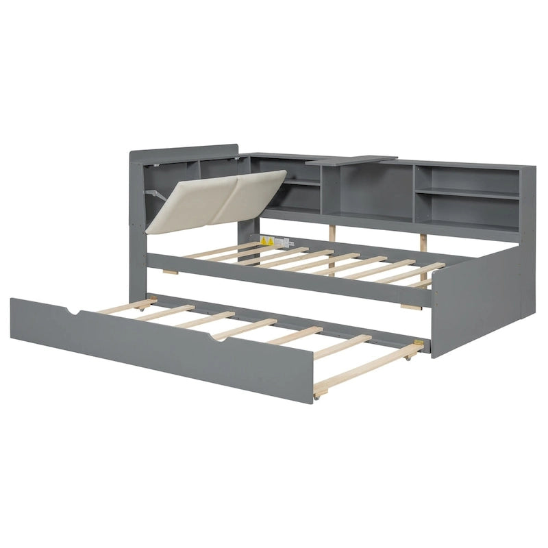 Cama nido de plataforma de madera blanca/gris con cabecero de almacenamiento – Individual/Matrimonial, capacidad para 2 personas