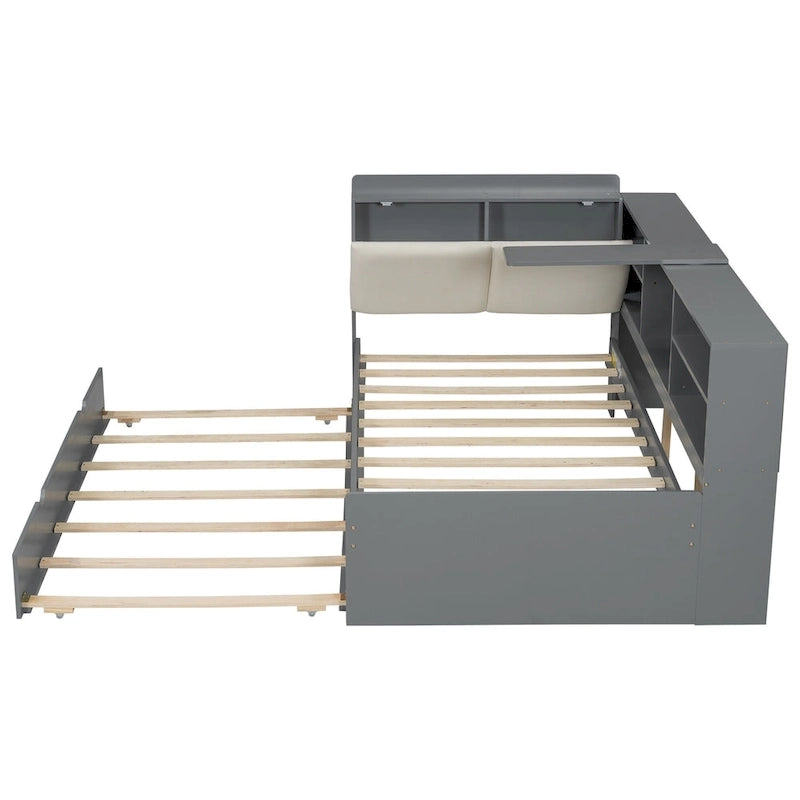 Cama nido de plataforma de madera blanca/gris con cabecero de almacenamiento – Individual/Matrimonial, capacidad para 2 personas