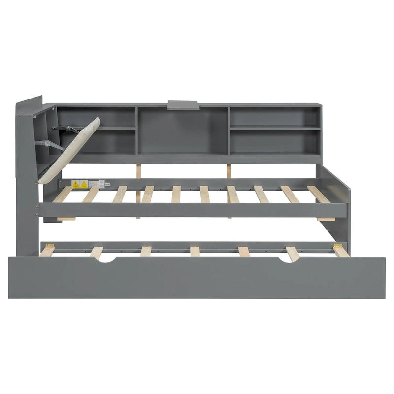 Cama nido de plataforma de madera blanca/gris con cabecero de almacenamiento – Individual/Matrimonial, capacidad para 2 personas