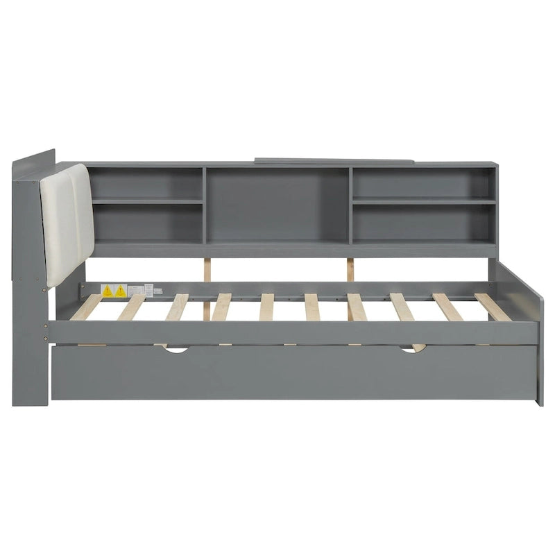 Cama nido de plataforma de madera blanca/gris con cabecero de almacenamiento – Individual/Matrimonial, capacidad para 2 personas
