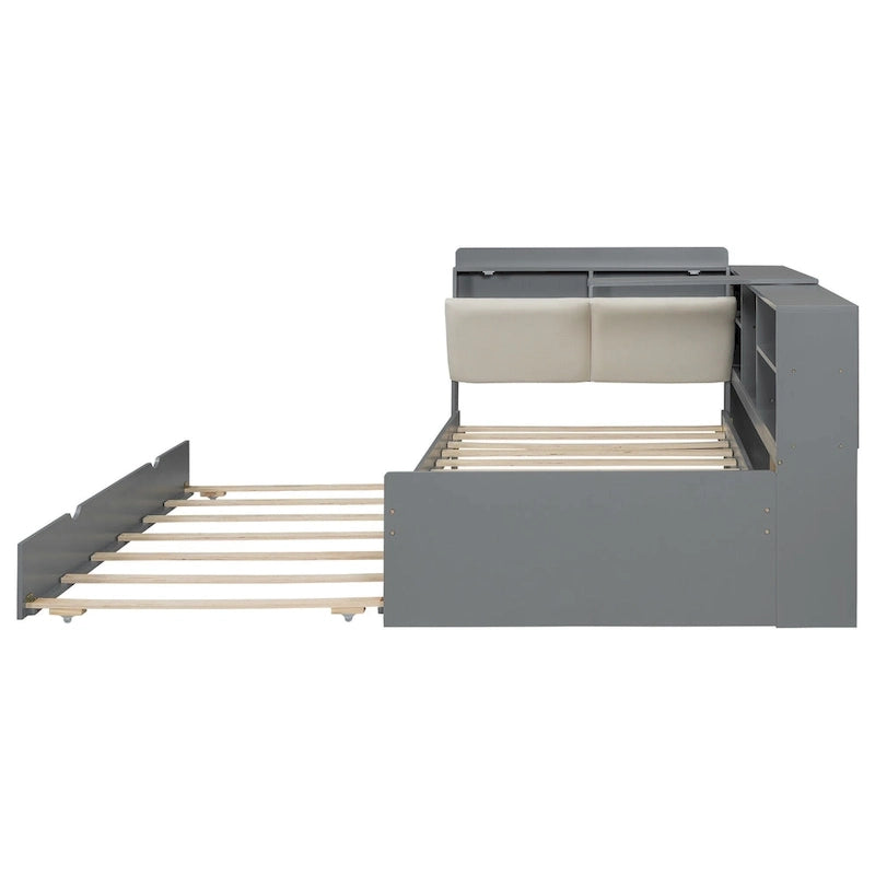 Cama nido de plataforma de madera blanca/gris con cabecero de almacenamiento – Individual/Matrimonial, capacidad para 2 personas
