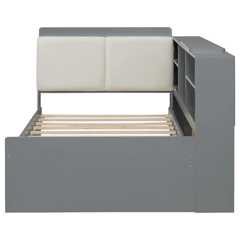 Cama nido de plataforma de madera blanca/gris con cabecero de almacenamiento – Individual/Matrimonial, capacidad para 2 personas