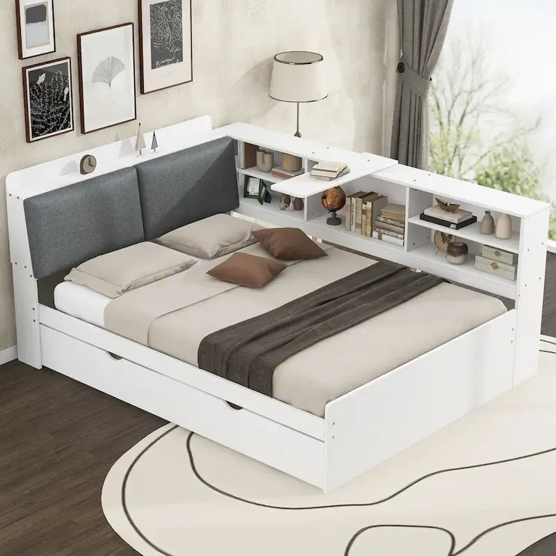 Cama nido de plataforma de madera blanca/gris con cabecero de almacenamiento – Individual/Matrimonial, capacidad para 2 personas
