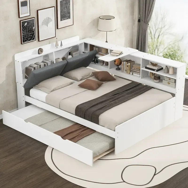 Cama nido de plataforma de madera blanca/gris con cabecero de almacenamiento – Individual/Matrimonial, capacidad para 2 personas