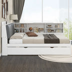 Cama nido de plataforma de madera blanca/gris con cabecero de almacenamiento – Individual/Matrimonial, capacidad para 2 personas