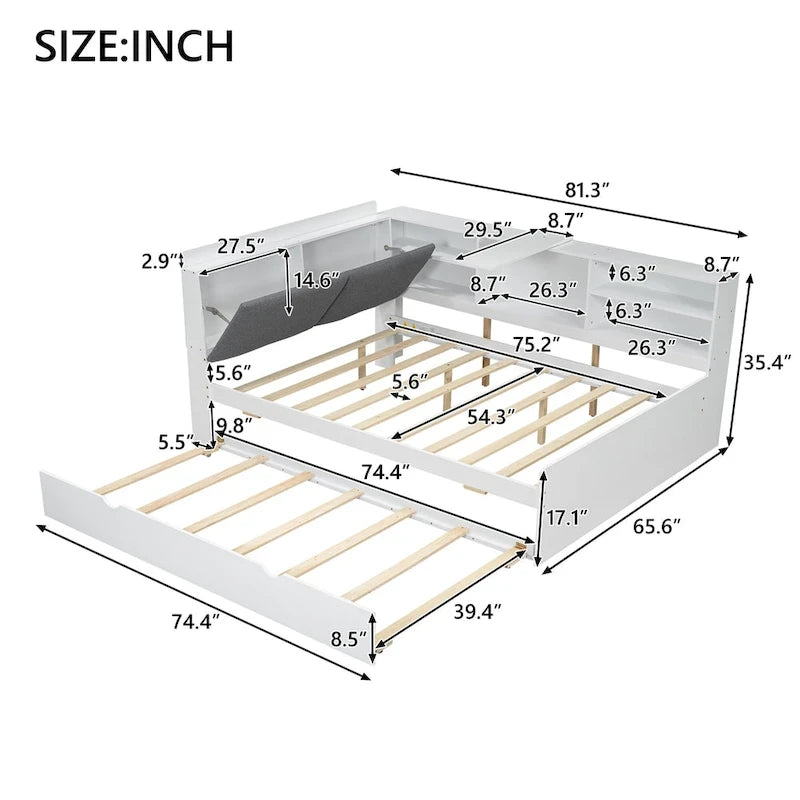 Cama nido de plataforma de madera blanca/gris con cabecero de almacenamiento – Individual/Matrimonial, capacidad para 2 personas