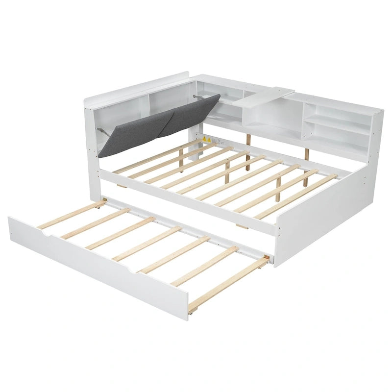 Cama nido de plataforma de madera blanca/gris con cabecero de almacenamiento – Individual/Matrimonial, capacidad para 2 personas