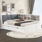 Cama nido de plataforma de madera blanca/gris con cabecero de almacenamiento – Individual/Matrimonial, capacidad para 2 personas