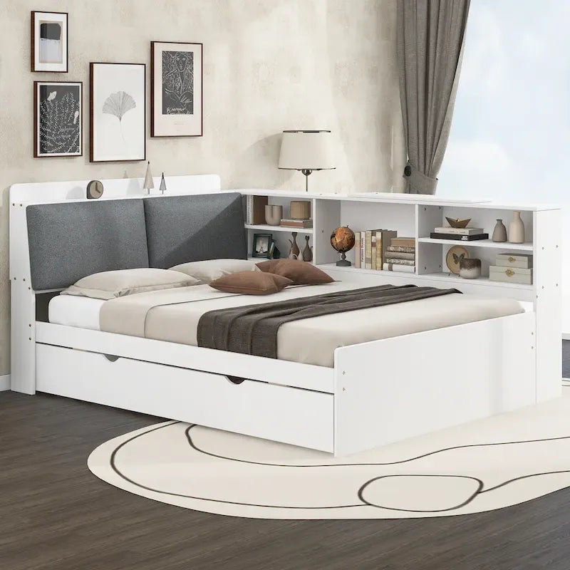Cama nido de plataforma de madera blanca/gris con cabecero de almacenamiento – Individual/Matrimonial, capacidad para 2 personas