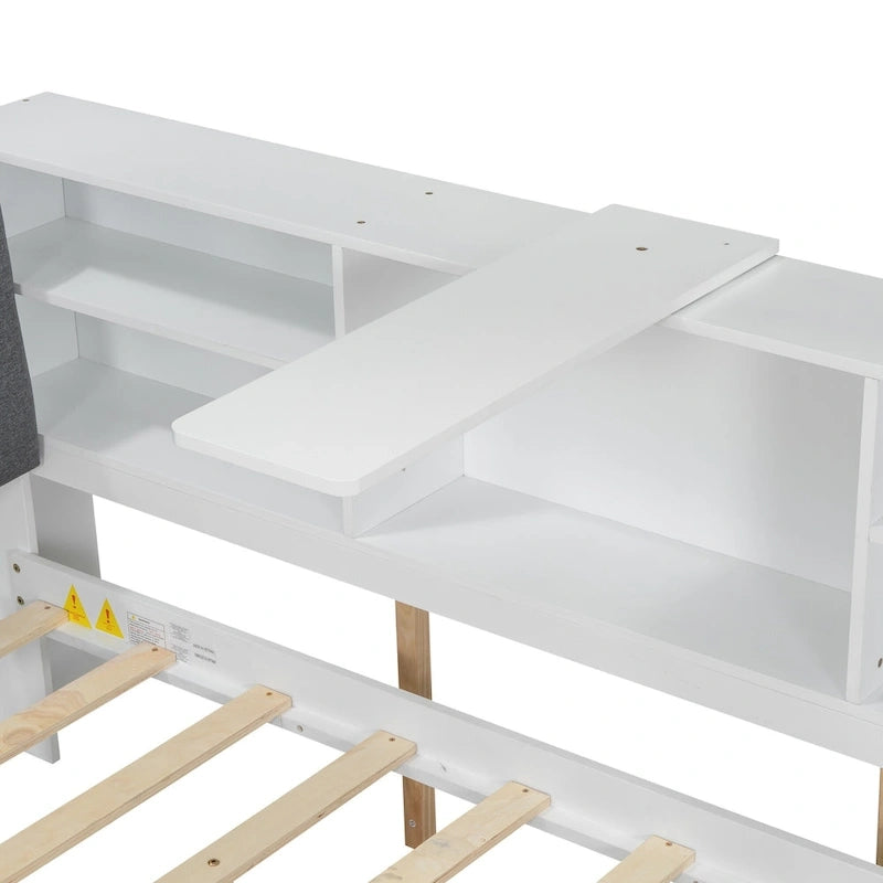 Cama nido de plataforma de madera blanca/gris con cabecero de almacenamiento – Individual/Matrimonial, capacidad para 2 personas