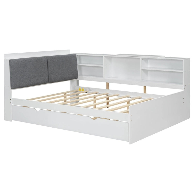 Cama nido de plataforma de madera blanca/gris con cabecero de almacenamiento – Individual/Matrimonial, capacidad para 2 personas
