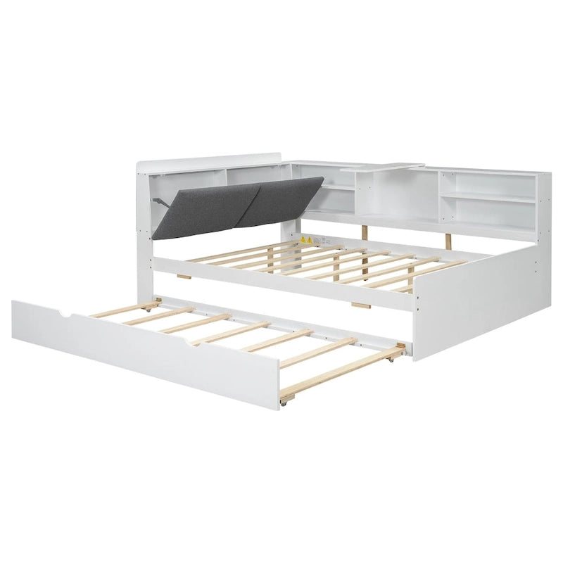 Cama nido de plataforma de madera blanca/gris con cabecero de almacenamiento – Individual/Matrimonial, capacidad para 2 personas