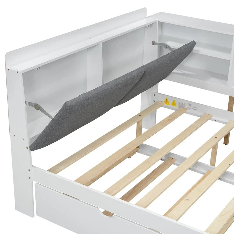 Cama nido de plataforma de madera blanca/gris con cabecero de almacenamiento – Individual/Matrimonial, capacidad para 2 personas