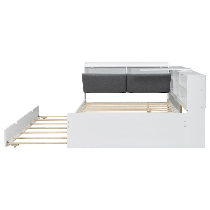 Cama nido de plataforma de madera blanca/gris con cabecero de almacenamiento – Individual/Matrimonial, capacidad para 2 personas