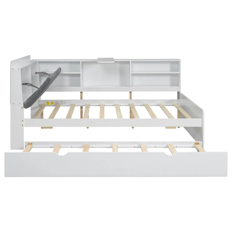 Cama nido de plataforma de madera blanca/gris con cabecero de almacenamiento – Individual/Matrimonial, capacidad para 2 personas