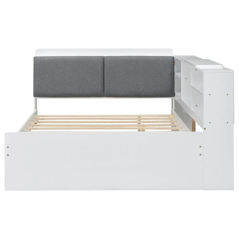 Cama nido de plataforma de madera blanca/gris con cabecero de almacenamiento – Individual/Matrimonial, capacidad para 2 personas