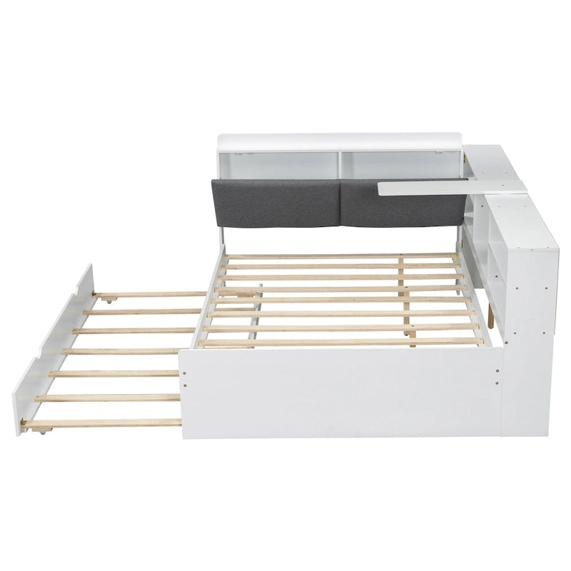 Cama nido de plataforma de madera blanca/gris con cabecero de almacenamiento – Individual/Matrimonial, capacidad para 2 personas
