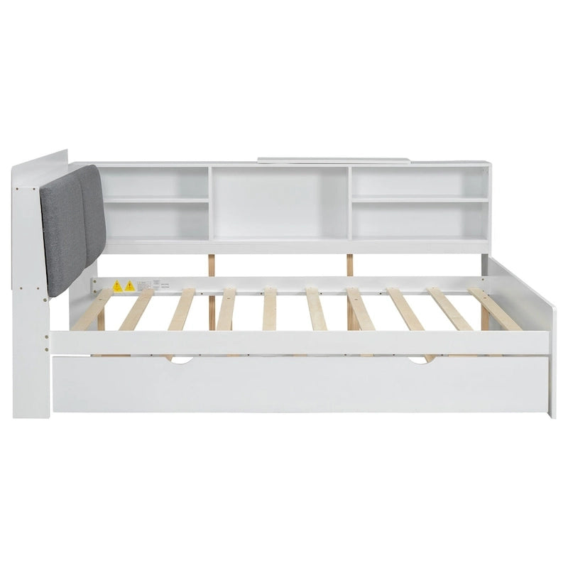 Cama nido de plataforma de madera blanca/gris con cabecero de almacenamiento – Individual/Matrimonial, capacidad para 2 personas