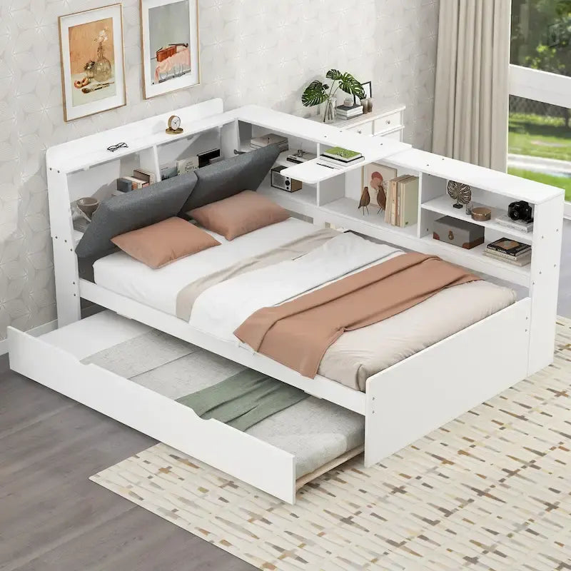 Cama nido de plataforma de madera blanca/gris con cabecero de almacenamiento – Individual/Matrimonial, capacidad para 2 personas