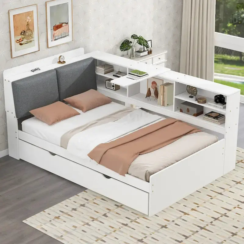 Cama nido de plataforma de madera blanca/gris con cabecero de almacenamiento – Individual/Matrimonial, capacidad para 2 personas