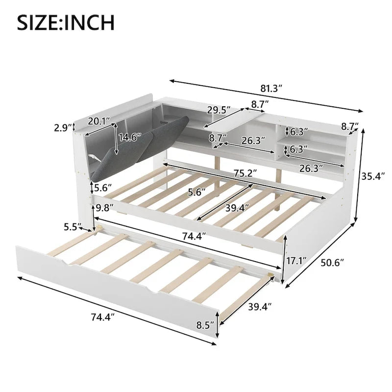 Cama nido de plataforma de madera blanca/gris con cabecero de almacenamiento – Individual/Matrimonial, capacidad para 2 personas