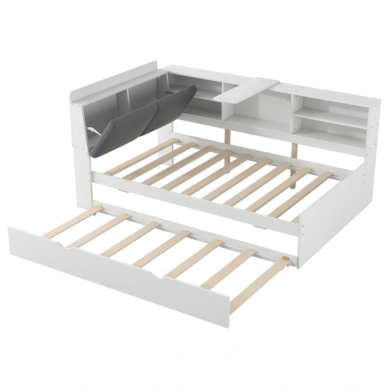 Cama nido de plataforma de madera blanca/gris con cabecero de almacenamiento – Individual/Matrimonial, capacidad para 2 personas