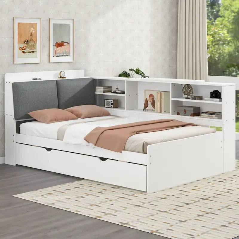 Cama nido de plataforma de madera blanca/gris con cabecero de almacenamiento – Individual/Matrimonial, capacidad para 2 personas
