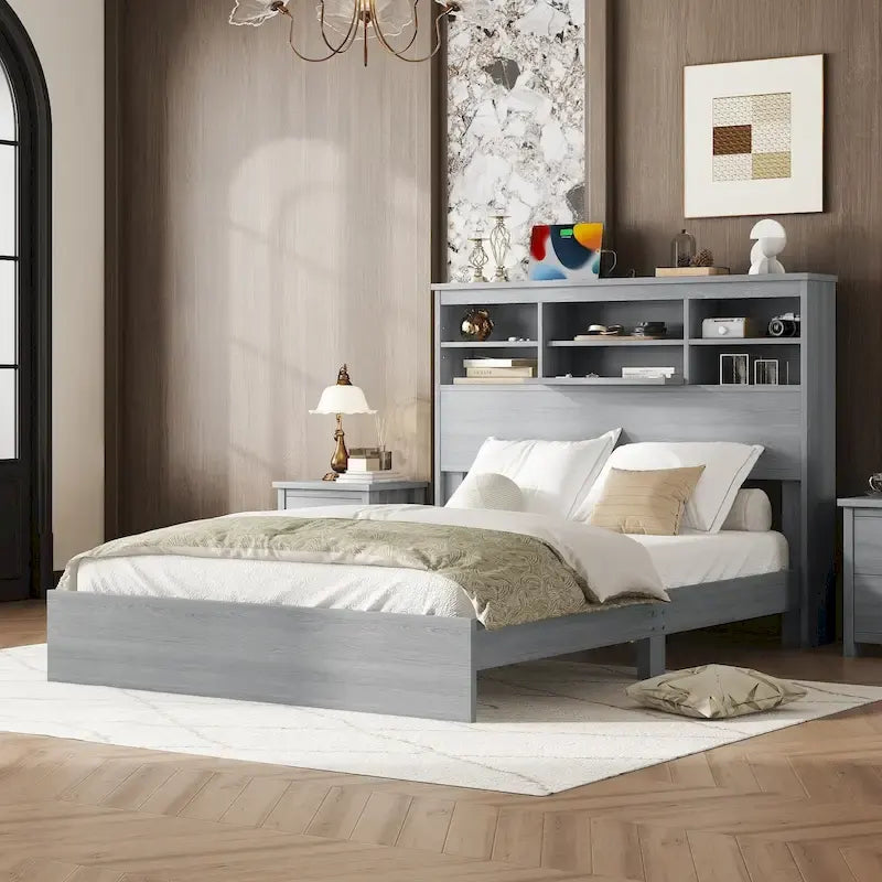 FURNITURE DEMAIN Cama Queen Size Vintage con Plataforma, Cabecero con Almacenamiento y Estación de Carga